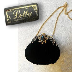 Letty Rare, Vintage Black Velvet Bag with Rhinestones / Decorative Clasp